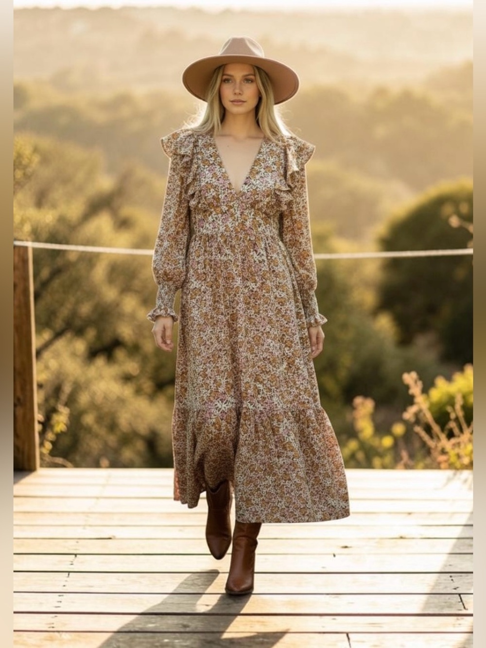 IN LOOM Boho Autumn Floral Long Sleeve Maxi Dress Small Cottage